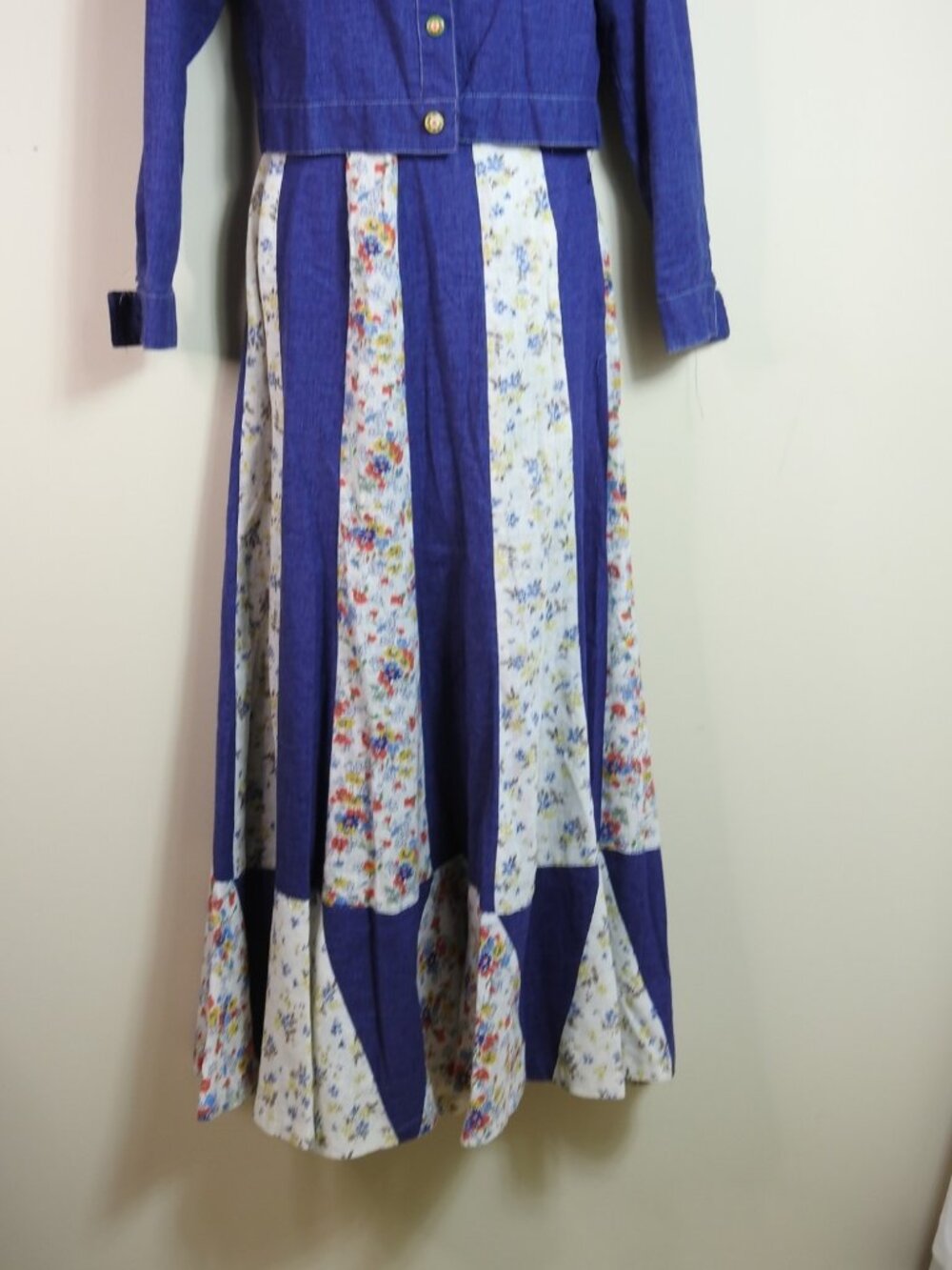 Vintage Women's ArtBro Size 9 Patchwork Dress Skirt Set Floral Denim 70s LS - Picture 3 of 16